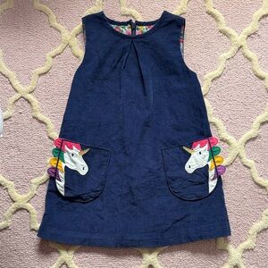 Mini Boden Navy corduroy jumper Dress with Unicorn Pockets 3-4Y